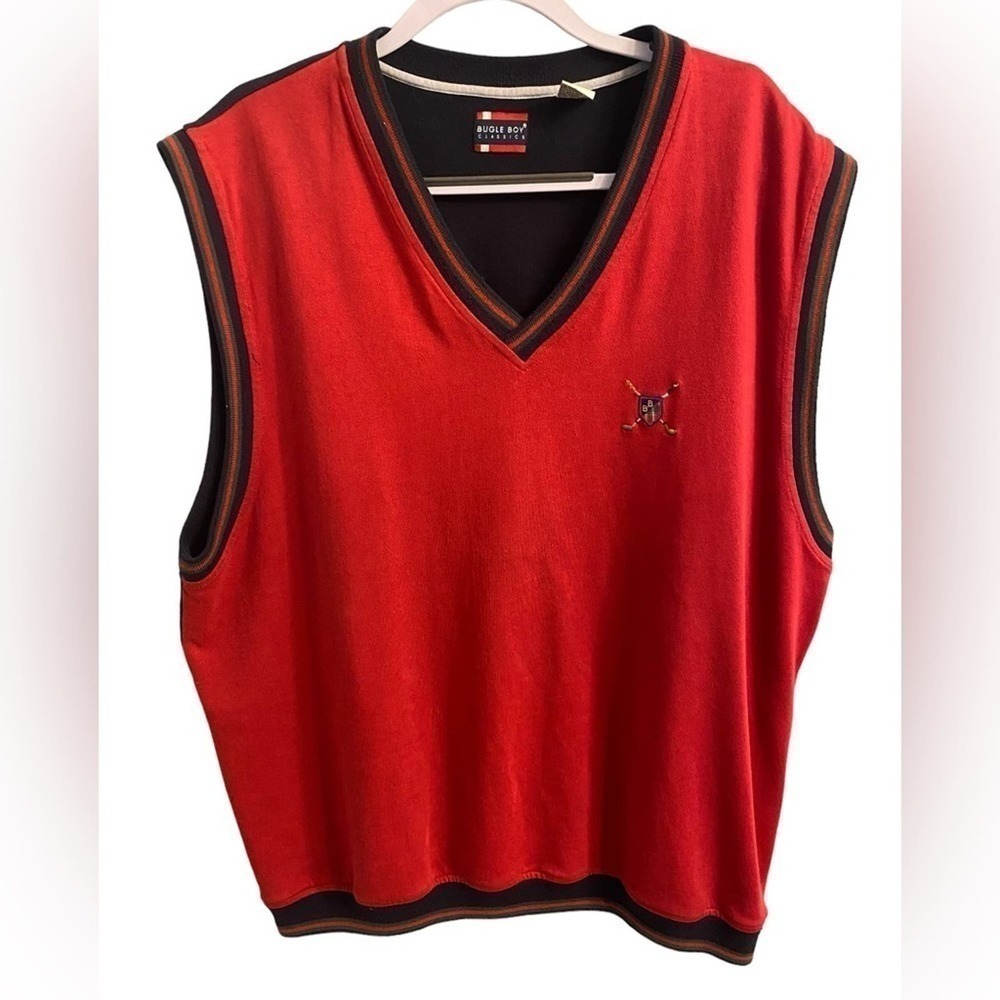 Bugle boy, classic V-neck, pullover vest: red, blue, green, golf clubs,men’s XL